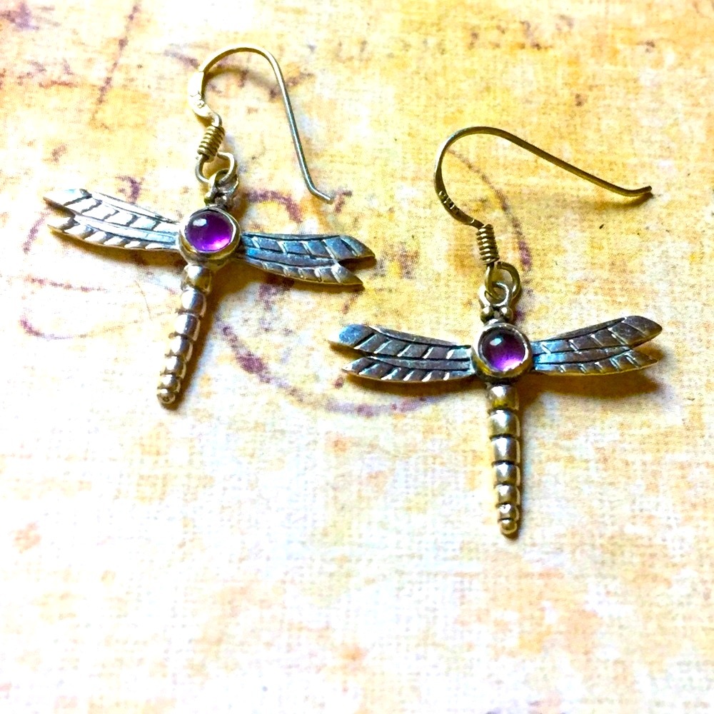 Sterling silver amethyst dragonfly earrings